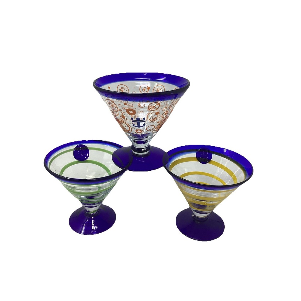 (3) Kosta Boda Royal Caribbean Cobalt Blue Martini Blown Glass Green Yellow Oran